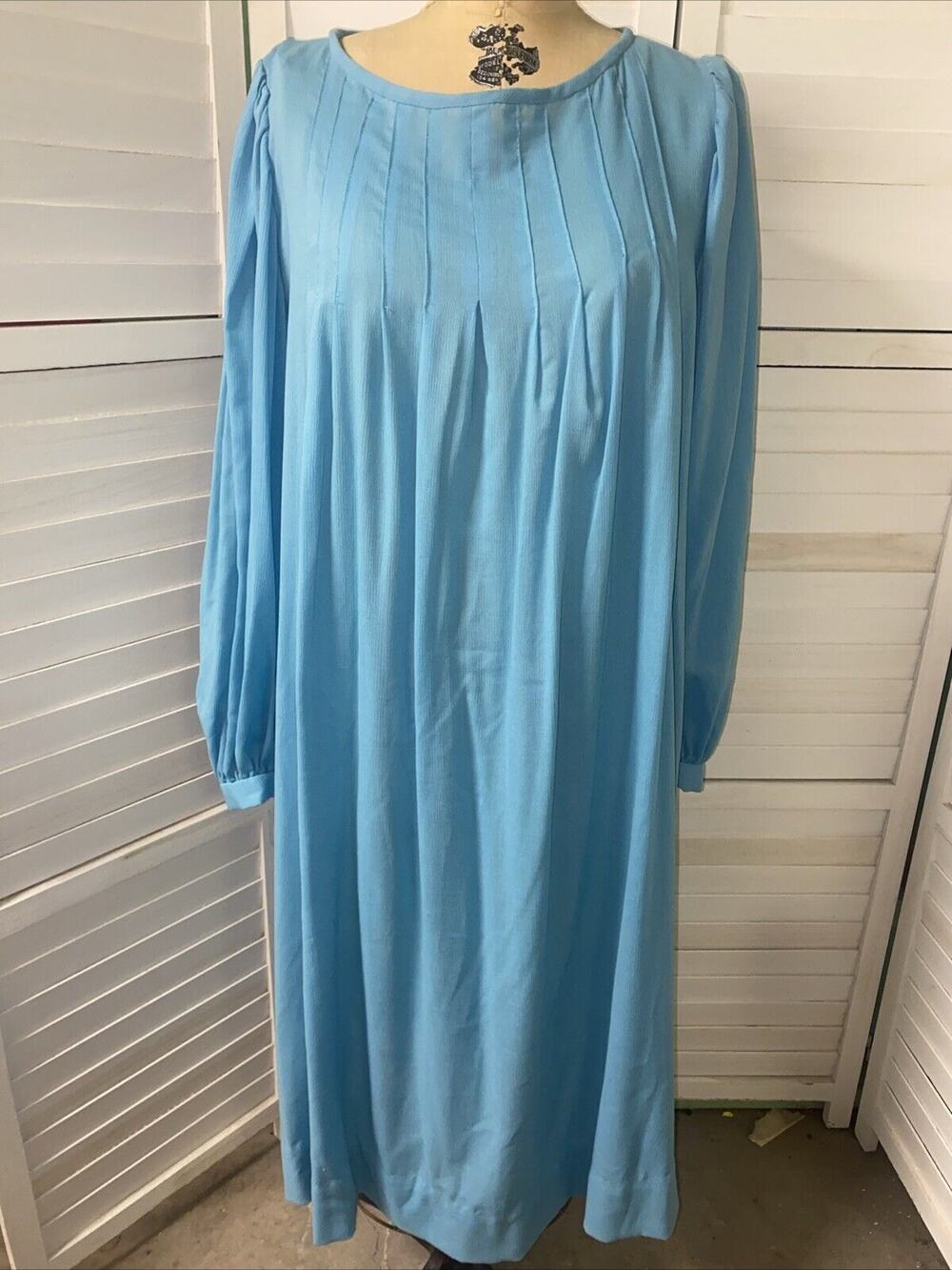 Vintage 60s 70s Handmade Dress Aqua Green Blue Balloon Sleeves Full Midi Sz XL